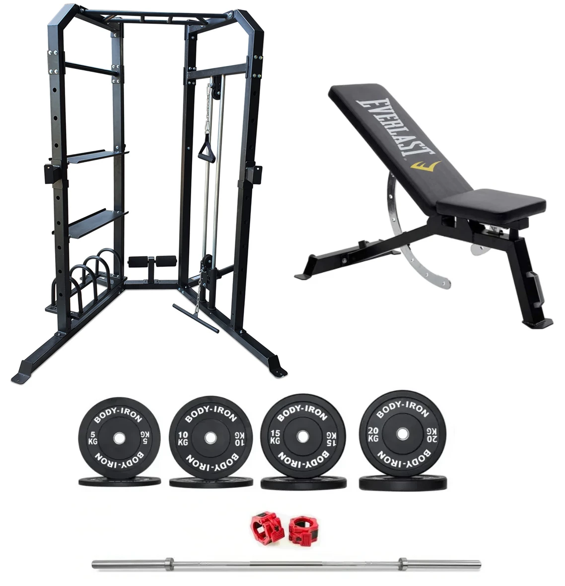 Body Iron Power Cage System MC350 Elite Set + 120kg Olympic Barbell & Bumper Plate Set 3 Body Iron Power Cage System MC350 Elite Set + 120kg Olympic Barbell & Bumper Plate Set