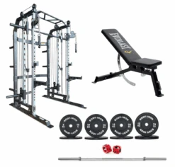 Body Iron All-In-One Functional Trainer FTG30 + Adjustable Bench + 120kg Olympic Barbell & Bumper Plate Set